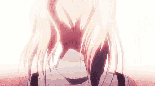 a close up of a blonde anime girl 's face with her eyes closed
