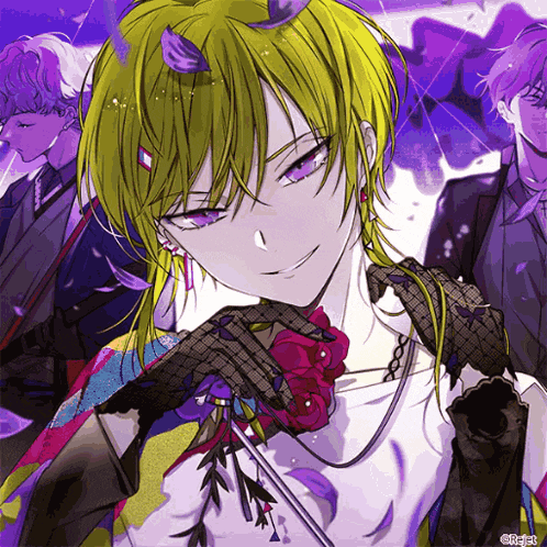 an anime character with yellow hair and purple eyes