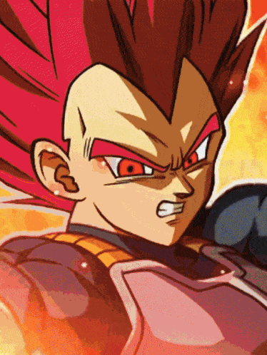 a close up of a dragon ball z character with red hair