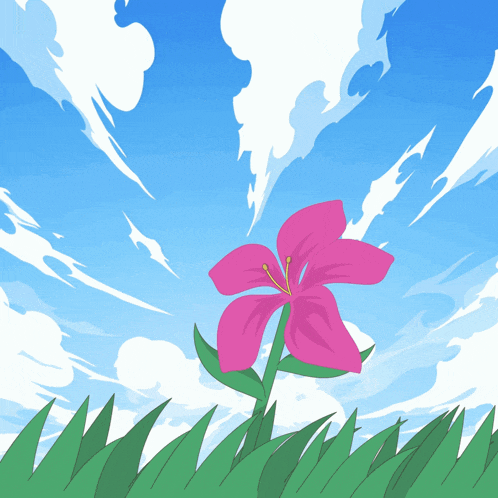 a cartoon drawing of a pink flower in the grass