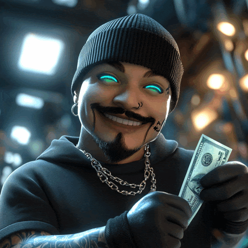 a man with a beard is holding a dollar bill and smiling