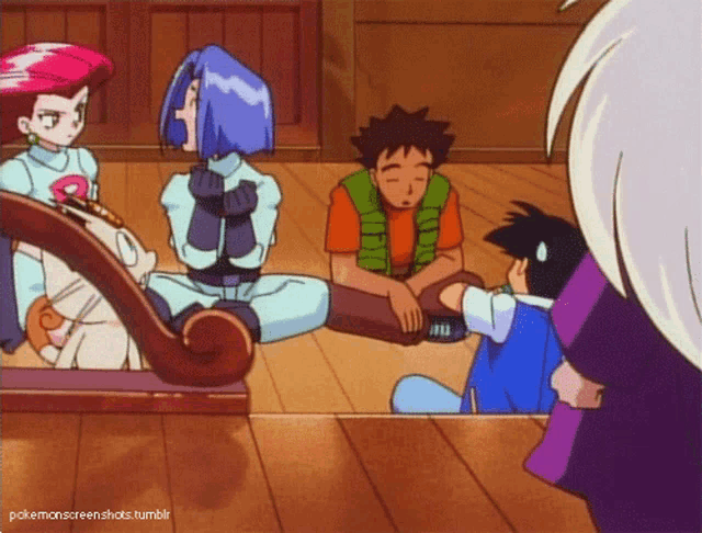 a group of cartoon characters are sitting on a wooden floor with pokemonscreenshots.tumblr written below them