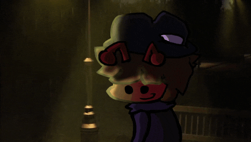 a cartoon drawing of a person with a hat and red eyes