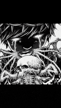a black and white drawing of a person holding a skull in their hands