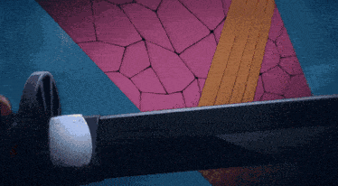 a close up of a sword in front of a pink and orange background