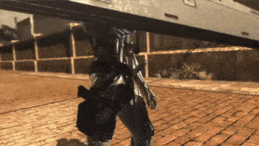 a video game character is carrying a large object with a sign on it that says ' do not enter '