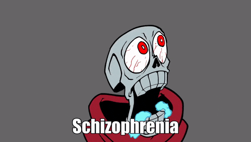 a cartoon of a skeleton with red eyes and the words schizophrenia below him