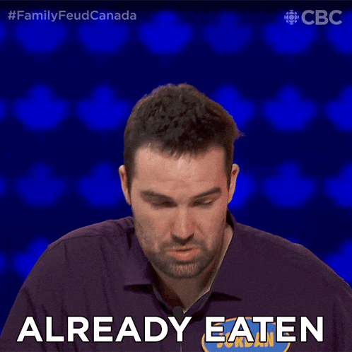 a man in a purple shirt says " already eaten " in front of a blue background