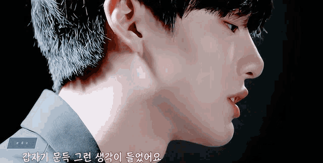 a close up of a man 's face with korean writing on the bottom right