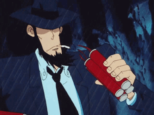 a man in a suit and tie is holding a bomb in his hand in the rain