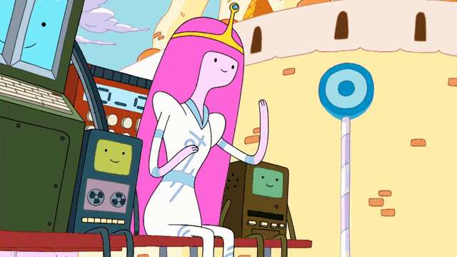 princess bubblegum from adventure time sits on a bench next to two robots