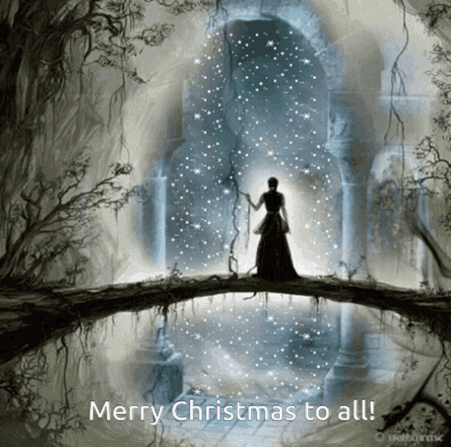 a picture of a woman on a bridge with the words merry christmas to all below her
