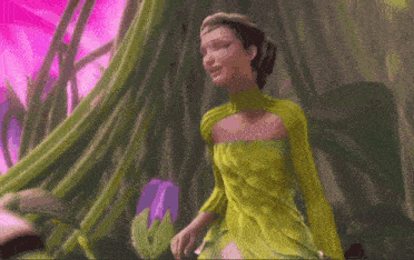 a woman in a yellow dress is standing next to a plant in a forest .