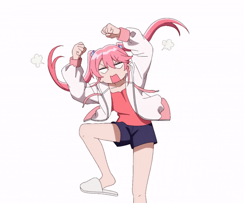 a girl with pink hair is jumping in the air with a white background