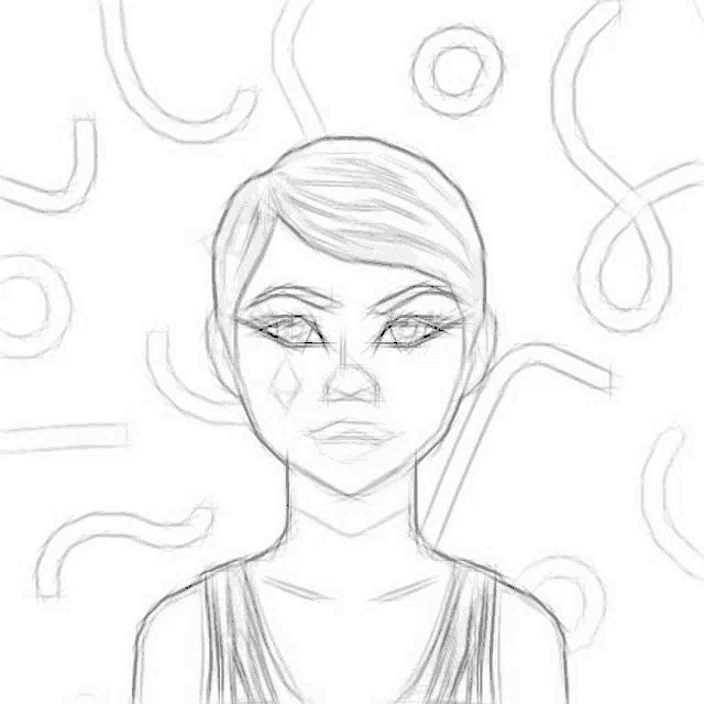 a black and white drawing of a woman 's face with a pattern of circles in the background .