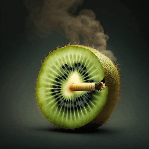 a kiwi with a cigarette sticking out of the middle