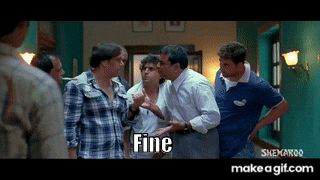 a group of men are standing in a room and one of them says " fine "