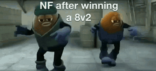 two cartoon characters are dancing in a room with the words nf after winning a 8v2