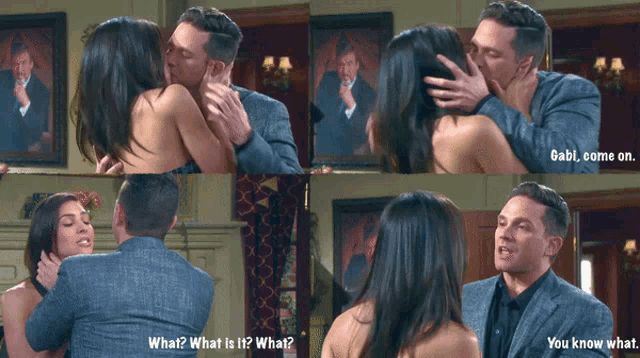 a man and a woman kissing with the words " what ? what is it ? what ? " at the bottom