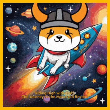 a picture of a dog on a rocket with the words riding high with floki