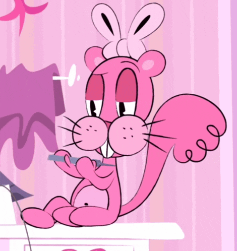 a pink cartoon squirrel with a bow on its head is brushing its teeth
