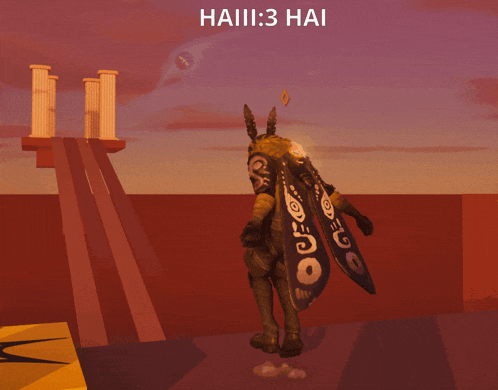 a cartoon character is standing in front of a sign that says haiii: 3 haii