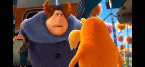 two cartoon characters are standing next to each other and one has a purple coat on