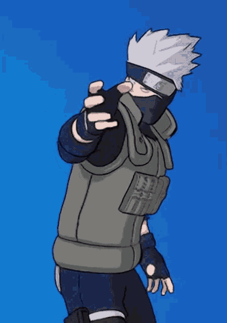 a cartoon character is wearing a mask and gloves and is standing on a blue background .