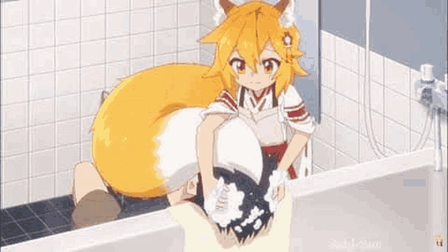 a fox girl is taking a bath in a bathtub with a person .