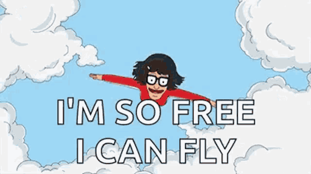 a cartoon character from bob 's burgers is flying through the air with his arms outstretched .