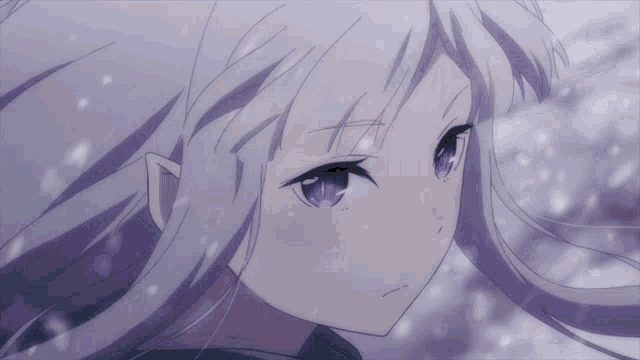a girl with white hair and purple eyes looks at the camera