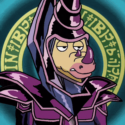 a cartoon drawing of a rhino wearing a purple knight 's armor