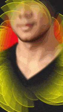 a close up of a woman 's face with a yellow swirl around her neck