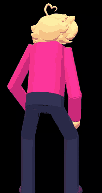 a cartoon character in a pink shirt and blue pants is standing with his hands on his hips .