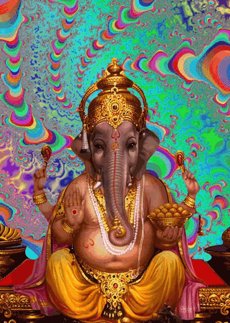 a colorful painting of an elephant holding a bowl