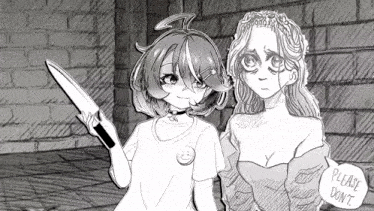 a black and white drawing of two anime girls standing next to each other . one girl is holding a knife .