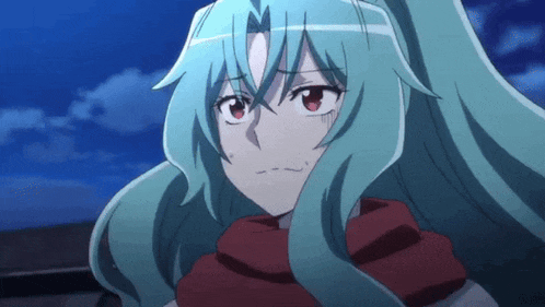 a girl with long blue hair and red eyes is wearing a red scarf .
