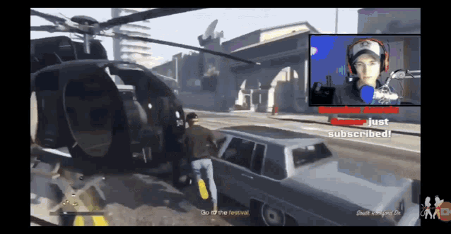 a video game screen shows a man in headphones talking to a helicopter
