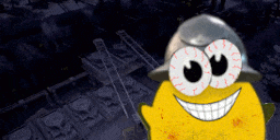 a yellow cartoon character wearing a helmet and red eyes is smiling