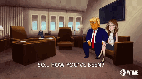 a cartoon of donald trump and michelle obama sitting in a room with the caption so how you 've been