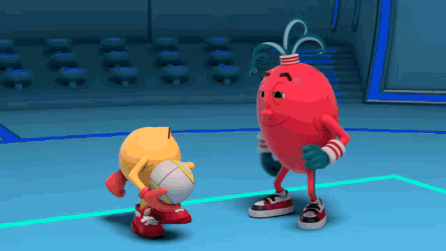 two cartoon characters standing next to each other on a blue floor
