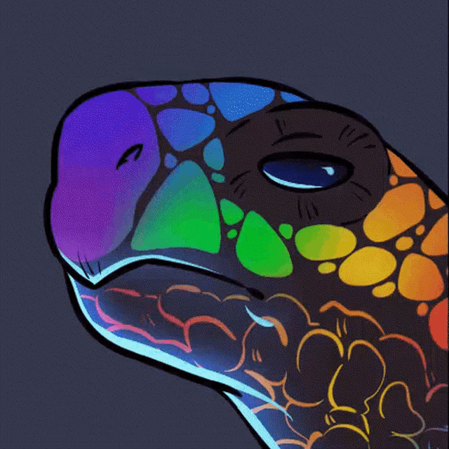 a drawing of a turtle with a blue eye and rainbow colored spots