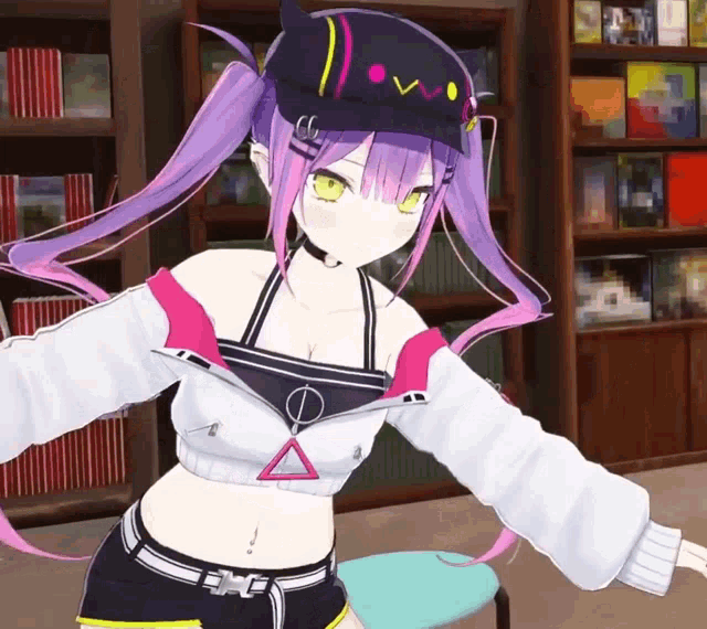 a girl with purple hair is wearing a black hat with a triangle on it