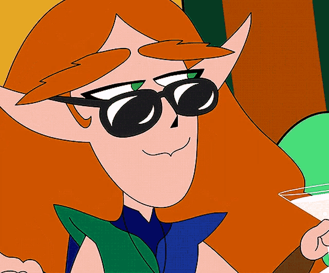 a cartoon character wearing sunglasses is holding a martini glass