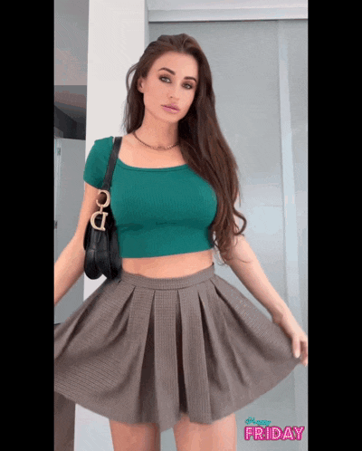 a woman wearing a green crop top and a pleated skirt with the words friday on the bottom right