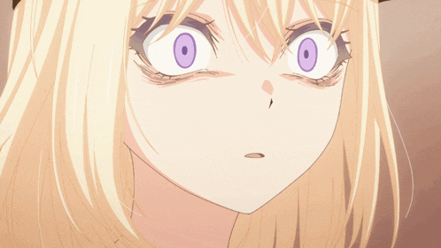 a blonde anime girl with purple eyes and a hat