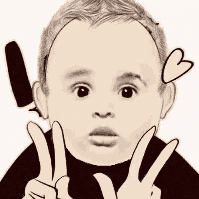 a black and white drawing of a baby giving a peace sign