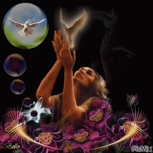 a painting of a woman surrounded by purple flowers and bubbles with the name belle on the bottom right corner