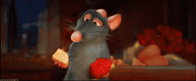 a rat from the movie ratatouille is eating a sausage sandwich .