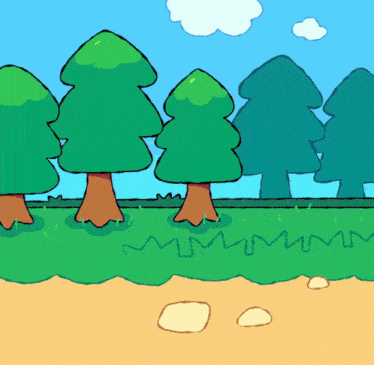 a cartoon drawing of trees and grass with a blue sky